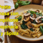 Pasta cremosa con champiñones y espinaca fácil y rápida