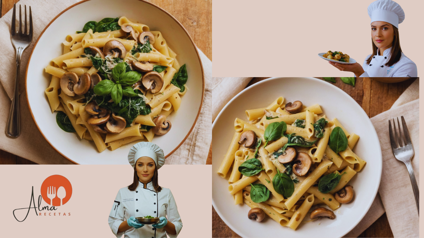 Pasta cremosa con champiñones y espinaca fácil y rápida